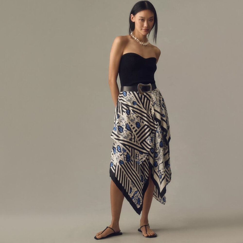 ANTHROPOLOGIE | Maeve | Silky Asymmetrical Scarf Print Midi Skirt | NWT